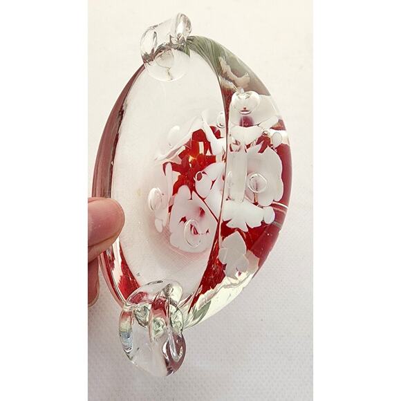 ASHTRAY-VINTAGE-BLOWN GLASS-Clear-White Flowers-Red Accent-Small-MCM - Picture 9 of 15